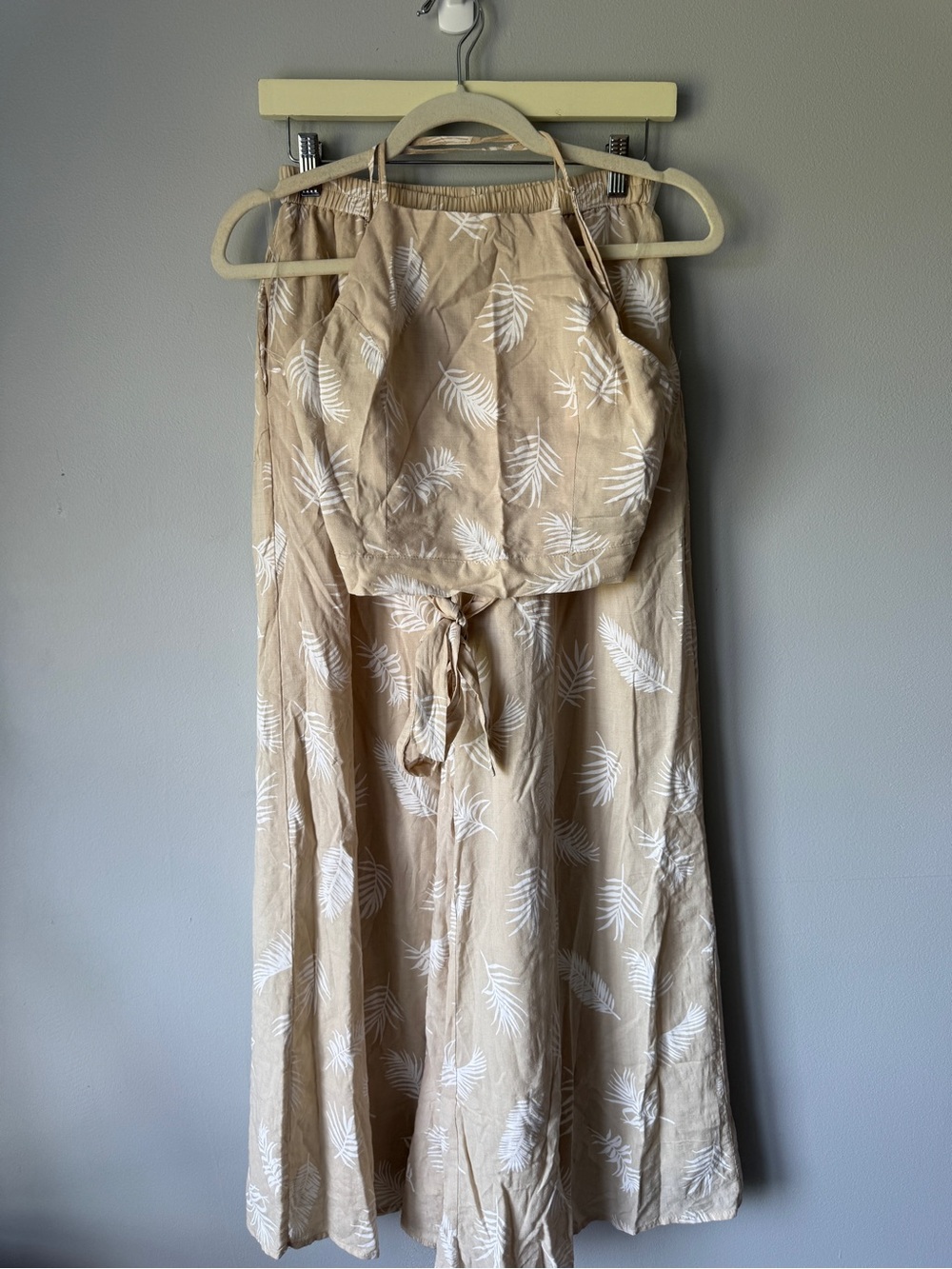 HYFVE Beige Wide-Leg Jumpsuit with White Leaf Print